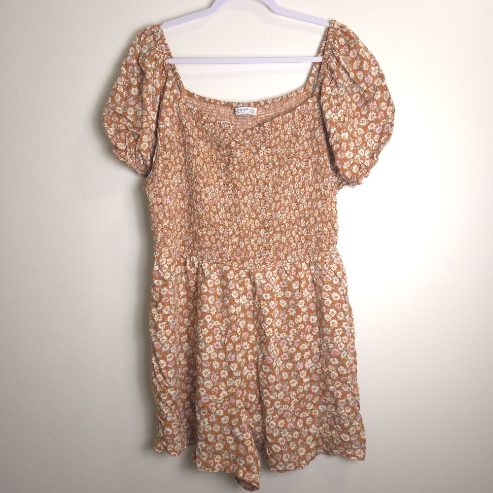 ARIZONA Jean Co Ditsy Floral Costal Boho Vintage Orange Smoked Romper XXL